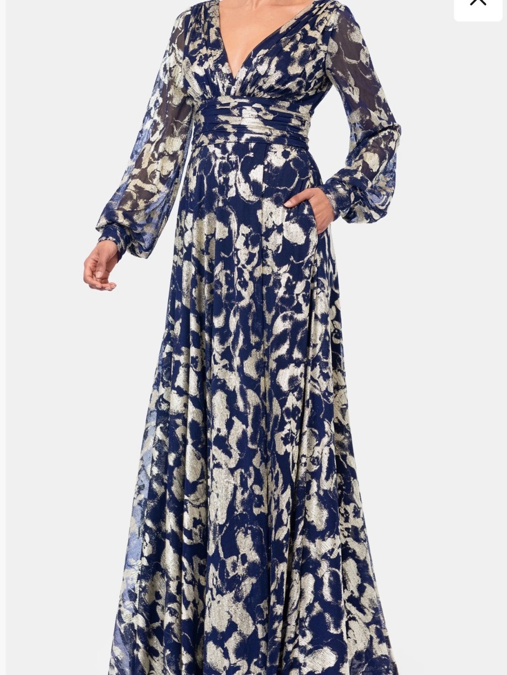 Betsy & Adam Navy and Silver Ivory Floral V-Neck Long Sleeve Gown